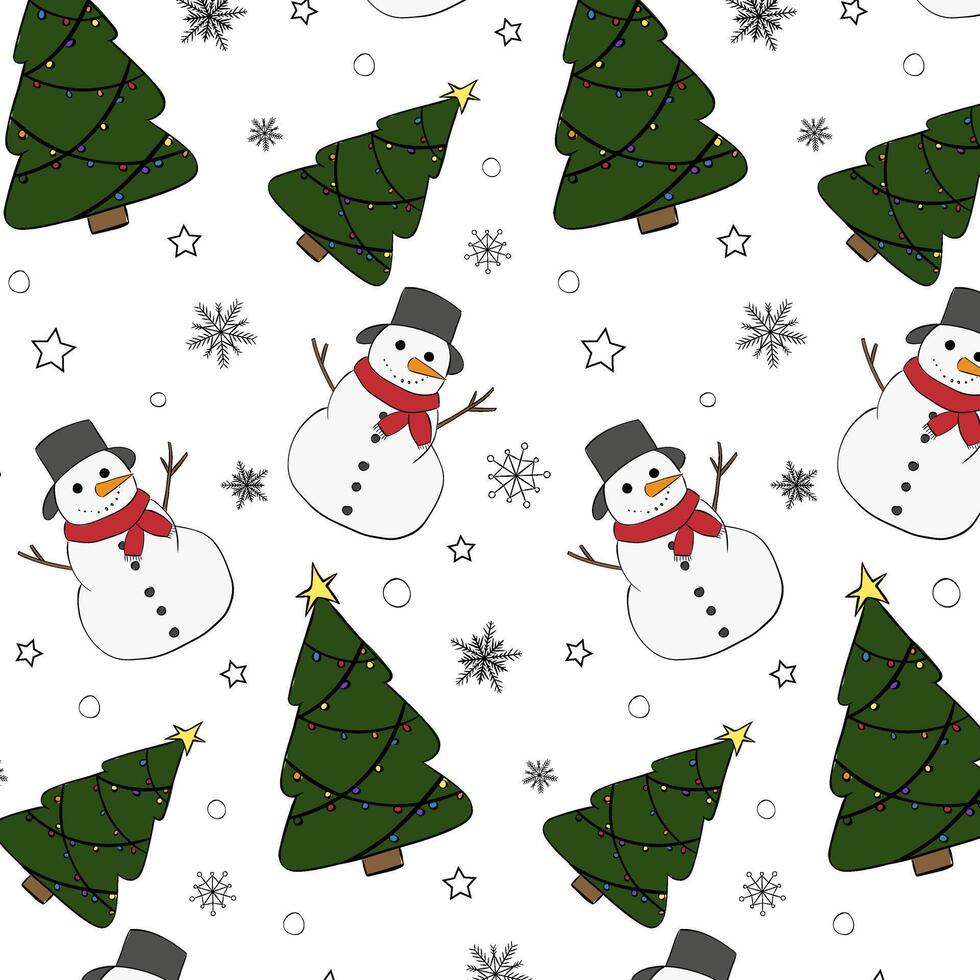 Snowflakes, snowman and Christmas trees Seamless pattern. graphic line ink illustration. Festive Christmas texture for bedsheets, pajamas, wrapping papers. vector