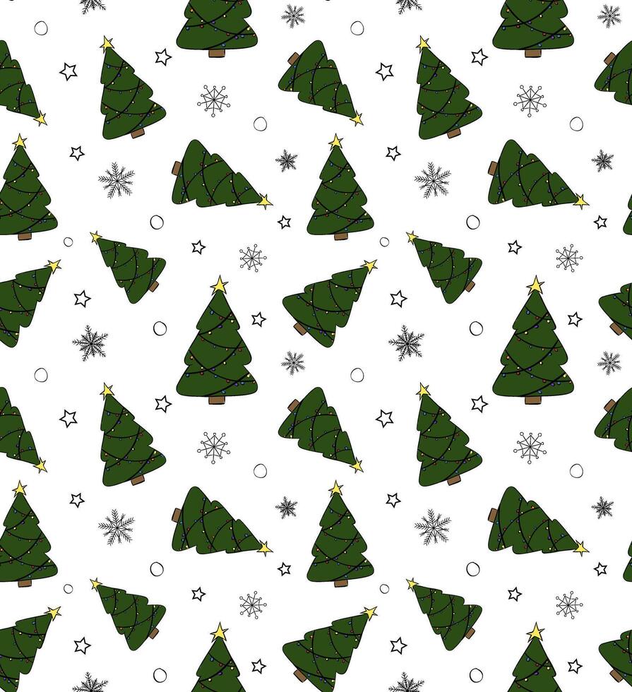 Christmas tree with snowflakes Seamless pattern. graphic line ink illustration. Silhouette sign for logo, print, comics, fashion, pop art, boards, design, stickers, decoration, posters vector