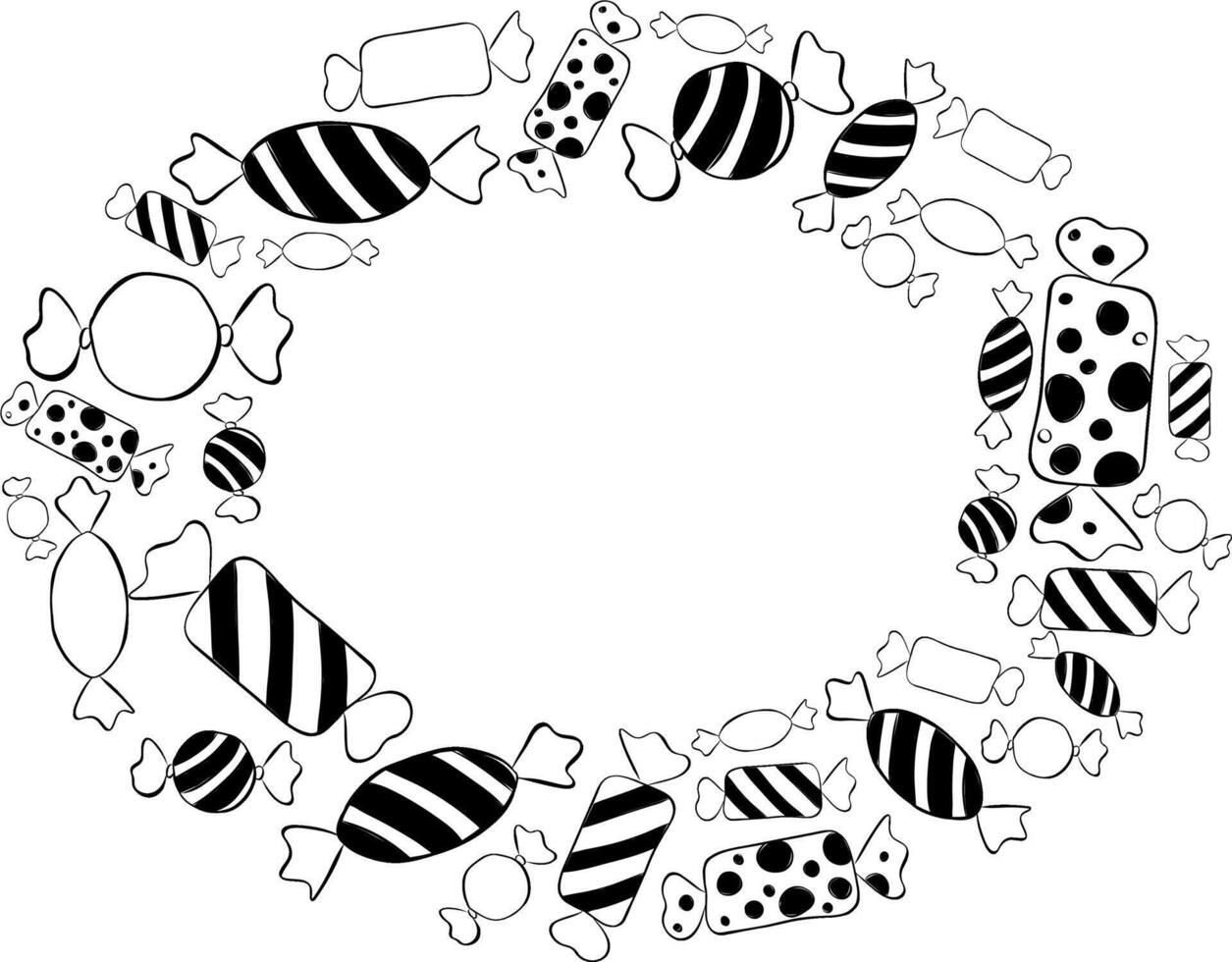 Candy sweets oval Frame black and white template. graphic line ink illustration for the text. card for the happy sweetest day and Halloween. For logo, web, package, sticker. vector