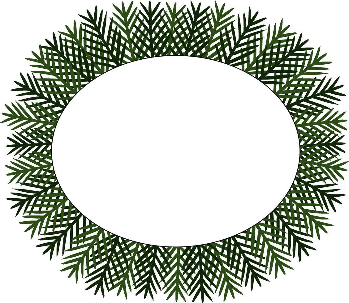 Spruce wreath pine tree branch oval Frame template. graphic line ink illustration. Silhouette sign for logo, print, comics, fashion, pop art, boards, stickers, decoration, posters vector
