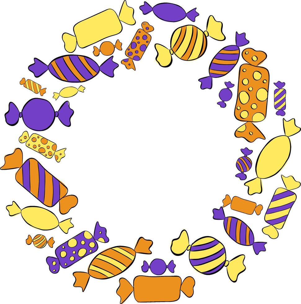 Candy sweets Frame circle round template. graphic line ink illustration for the text. card for the happy sweetest day and Halloween. For logo, web, package, sticker. vector