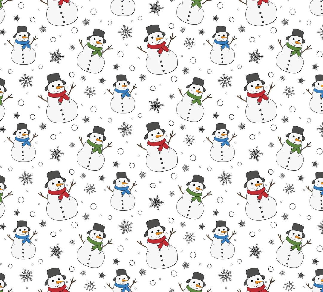 Christmas Cute Snowman Seamless pattern. graphic line ink illustration. for package, holiday design, fabric and textile. banners, print for fabric, labels, t-shirt printing. vector