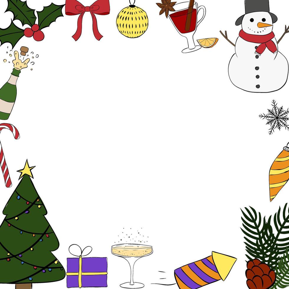 Christmas items Frame square template. graphic line ink illustration. Banner, poster, wrapping paper, sticker, print, modern textile design. For logo, web, package, sticker. vector