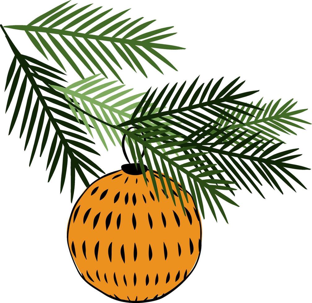 Christmas tree ball green fir branch composition isolated. graphic line ink illustration. glass xmas ornament, pine evergreen plant element template vector