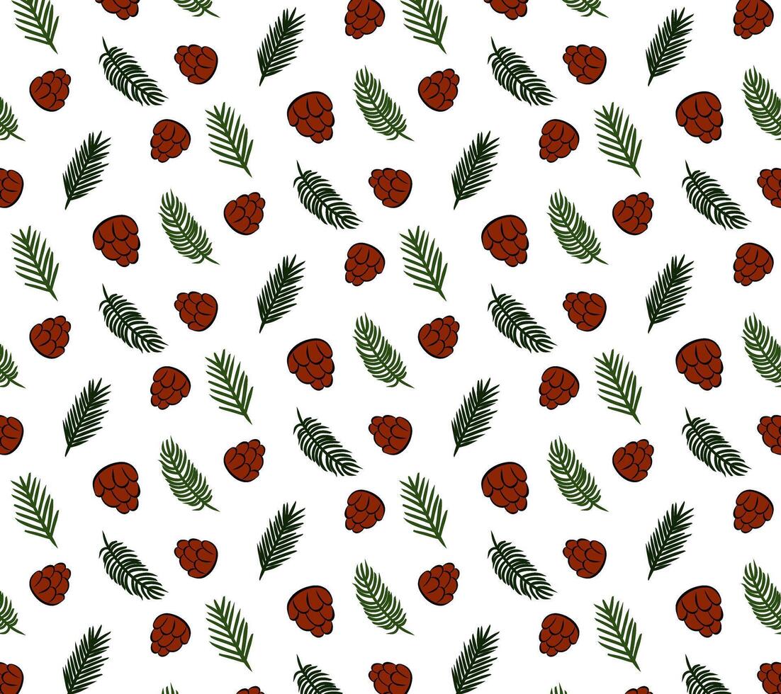 Pine branches and cones Seamless pattern. graphic line ink illustration. Perfect for cards, decorations, stickers, logo, menu, various designs. texture for bedsheets, pajamas, wrapping papers. vector