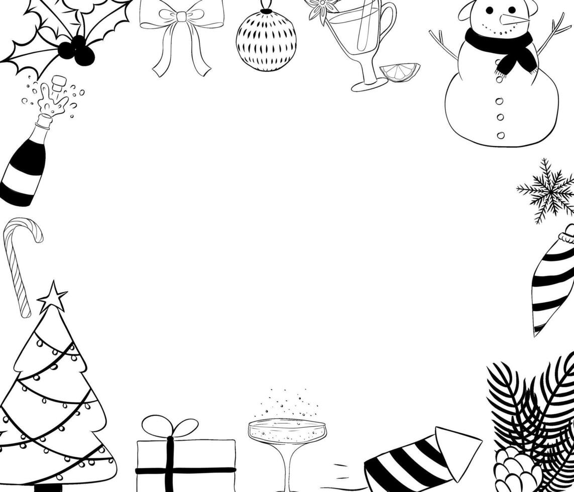 Christmas items rectangle black and white Frame template. graphic line ink illustration. Banner, poster, wrapping paper, sticker, print, modern textile design. For logo, web, package, sticker. vector