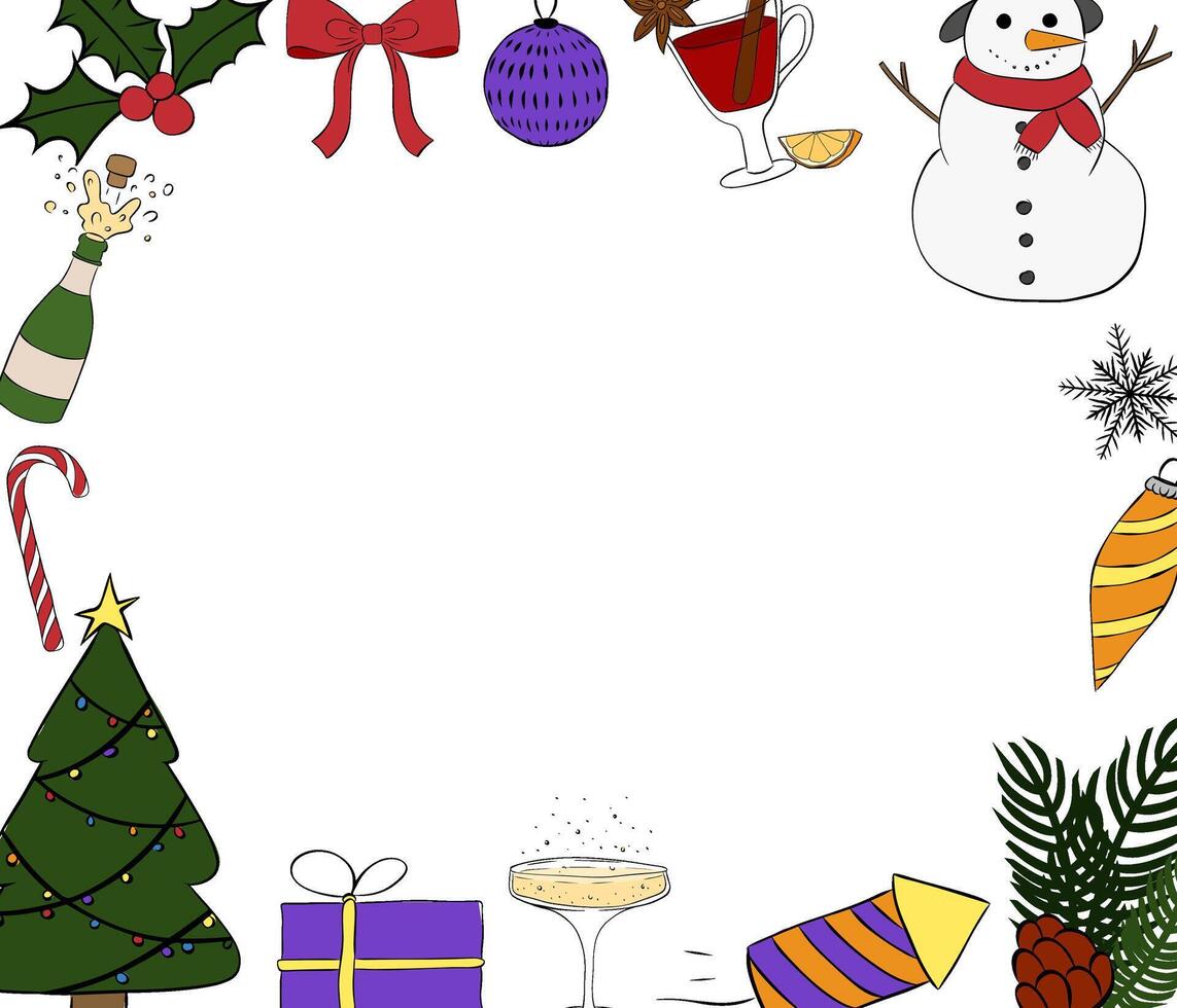 Christmas items rectangle Frame template. graphic line ink illustration. Banner, poster, wrapping paper, sticker, print, modern textile design. For logo, web, package, sticker. vector