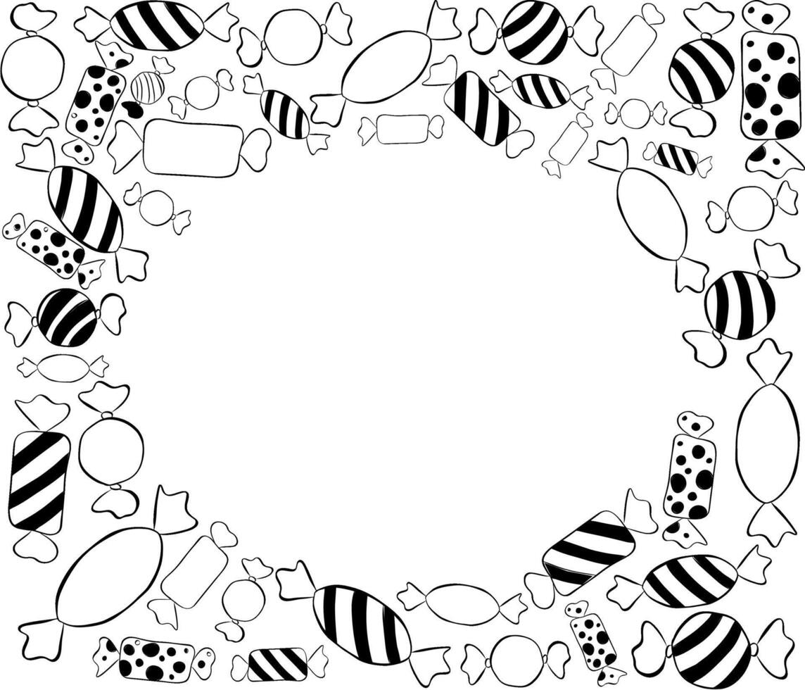 Candy shop lollipops colorful sweets black and white oval in rectangle Frame template. graphic line ink illustration. For poster, flyer, banner, invitation, social media, party or sale vector