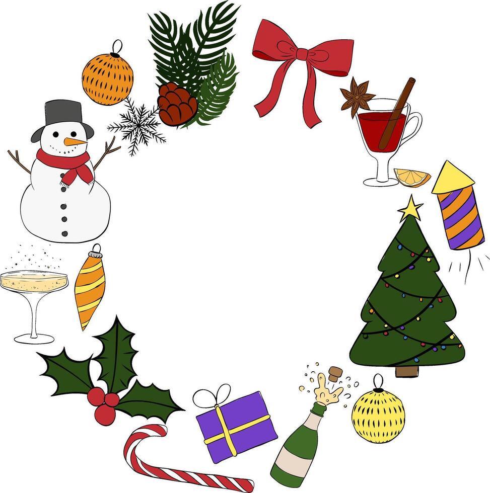 Christmas new year holiday objects, symbols and items. Frame circle round template. graphic line ink illustration. Perfect for cards, decorations, stickers, logo, menu, various designs. vector