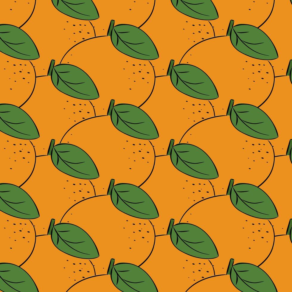 Oranges fruits with leaves, branches Seamless pattern. graphic line ink illustration. modern botanical illustration. Design for pattern, poster, card, fabric, banner, cover. vector