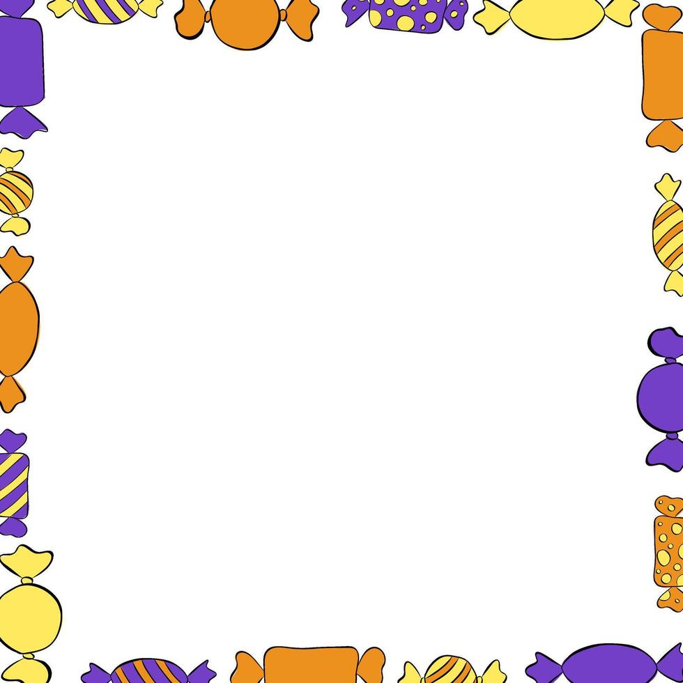 Candies sweets colored Frame square template. graphic line ink illustration. Halloween Xmas border christmas and new year template. Design for package, cosmetic, textile, cards. vector
