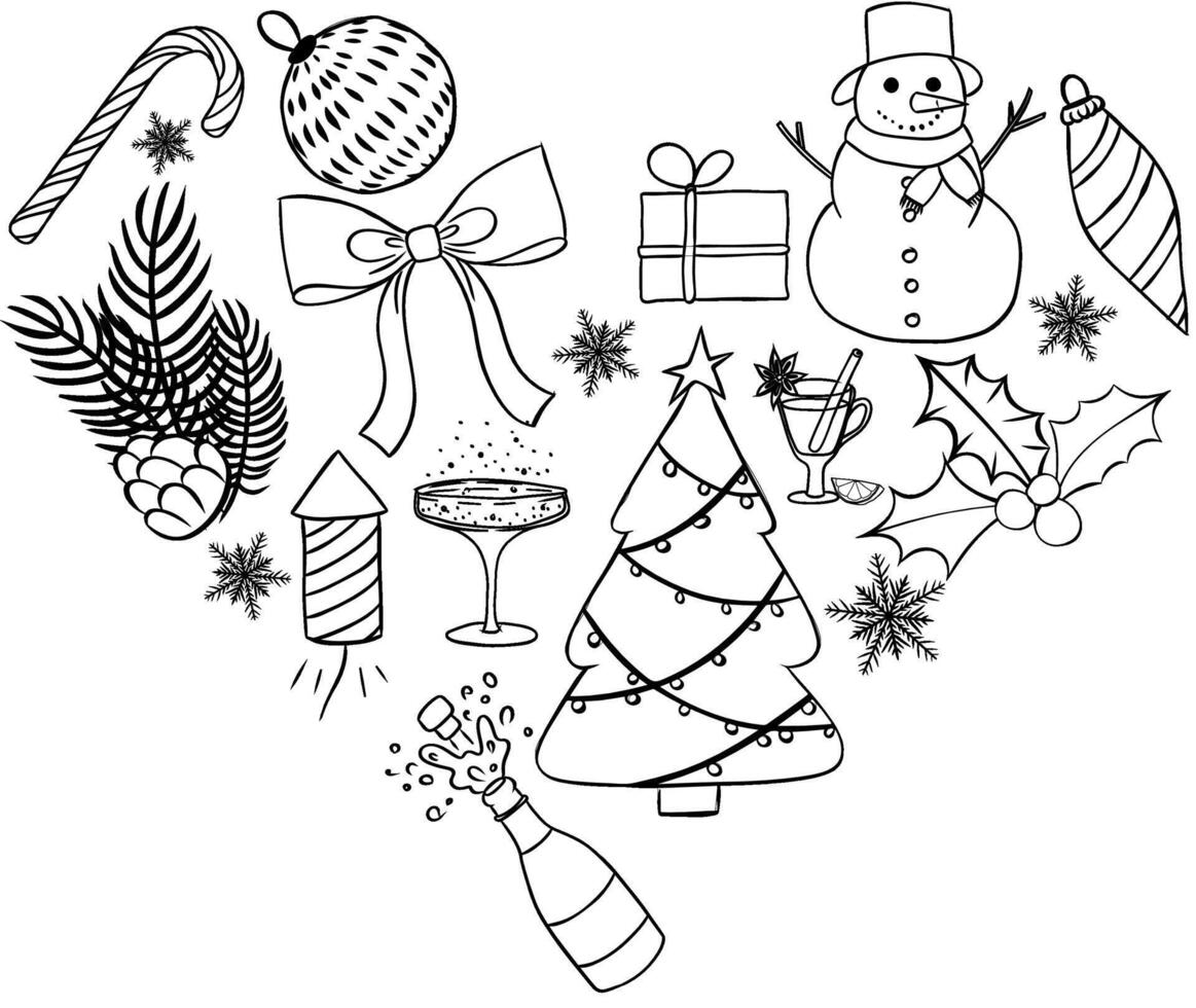 A heart shaped Christmas items black and white logotype. graphic line ink illustration. Banner, poster, wrapping paper, sticker, print, modern textile design. vector