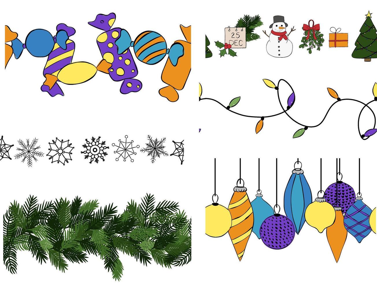 Christmas theme seamless border set. graphic line ink illustration. Template with a christmas elements. Perfect for cards, decorations, stickers, logo, menu, various designs. vector