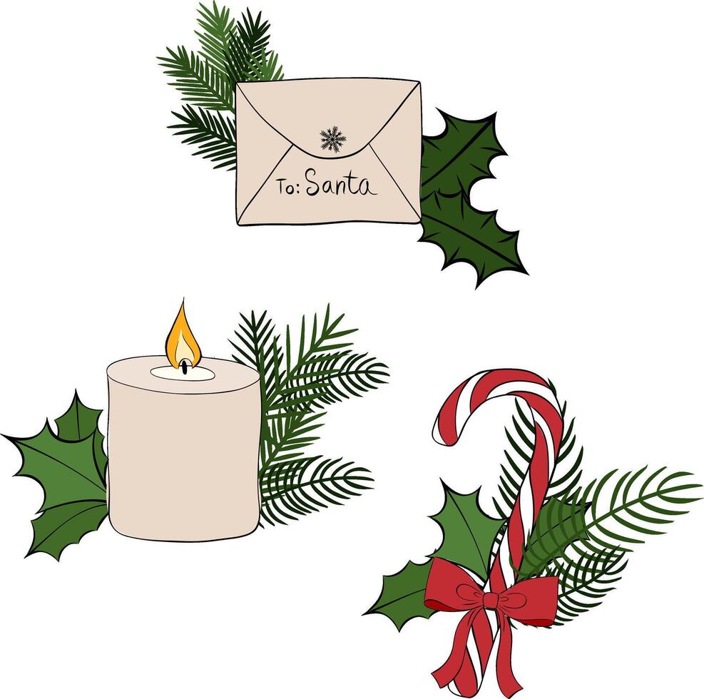 Christmas composition set. graphic line ink illustration. for decorative Christmas festival, New year invitations, or greeting cards. for package, holiday design, fabric and textile. vector