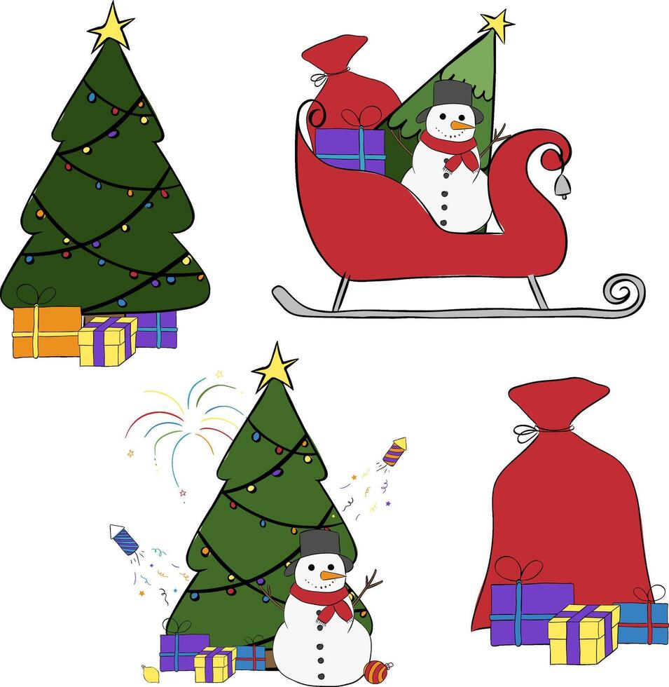 Christmas tree presents composition set. graphic line ink illustration. design for fashion graphics, textile prints, fabrics, wallpapers. for package, holiday design, fabric and textile. vector