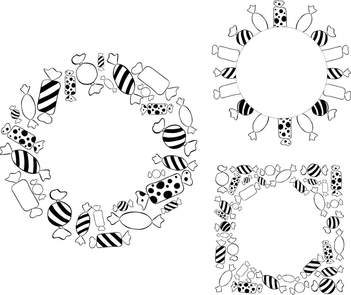Candy Circle round frame set template. Black and white graphic line ink illustration. Christmas colored border with stripes set. Perfect for cards, decorations, stickers, logo, menu vector
