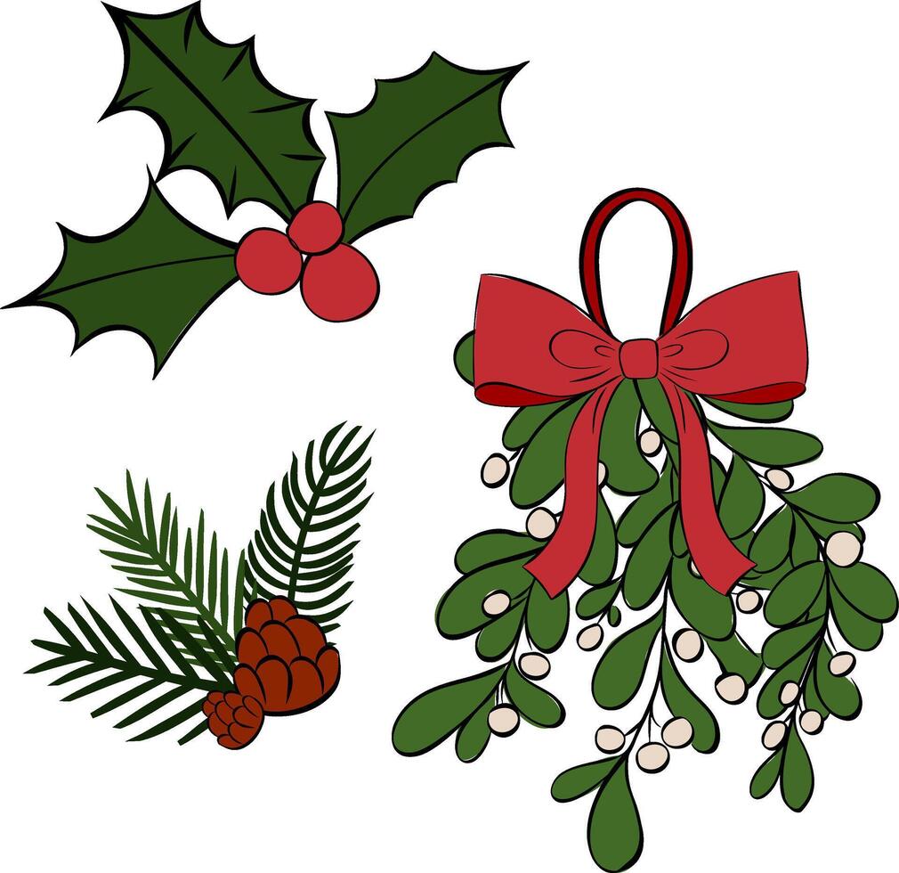 Omela, Holly, pine tree branch and cone composition set. graphic line ink illustration. Christmas celebration. Happy new year. For logo, web, package, sticker. social media, party or sale vector