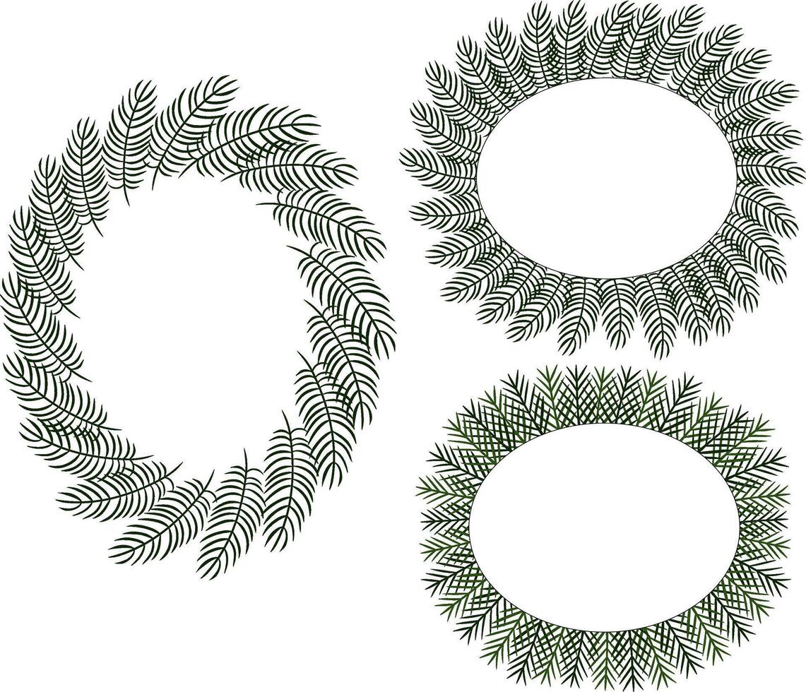 Christmas tree branches oval frame set template. graphic line ink illustration. Evergreen xmas pine decoration garlands. for package, holiday design, fabric and textile. vector