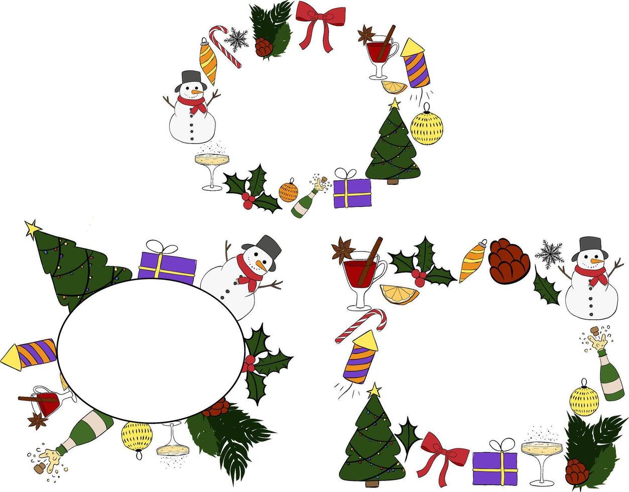 Merry Christmas and Happy New Year oval frame set template. graphic line ink illustration. Christmas Tree, branches, balls, snowflake. Luxury element for invitation, banner, poster vector