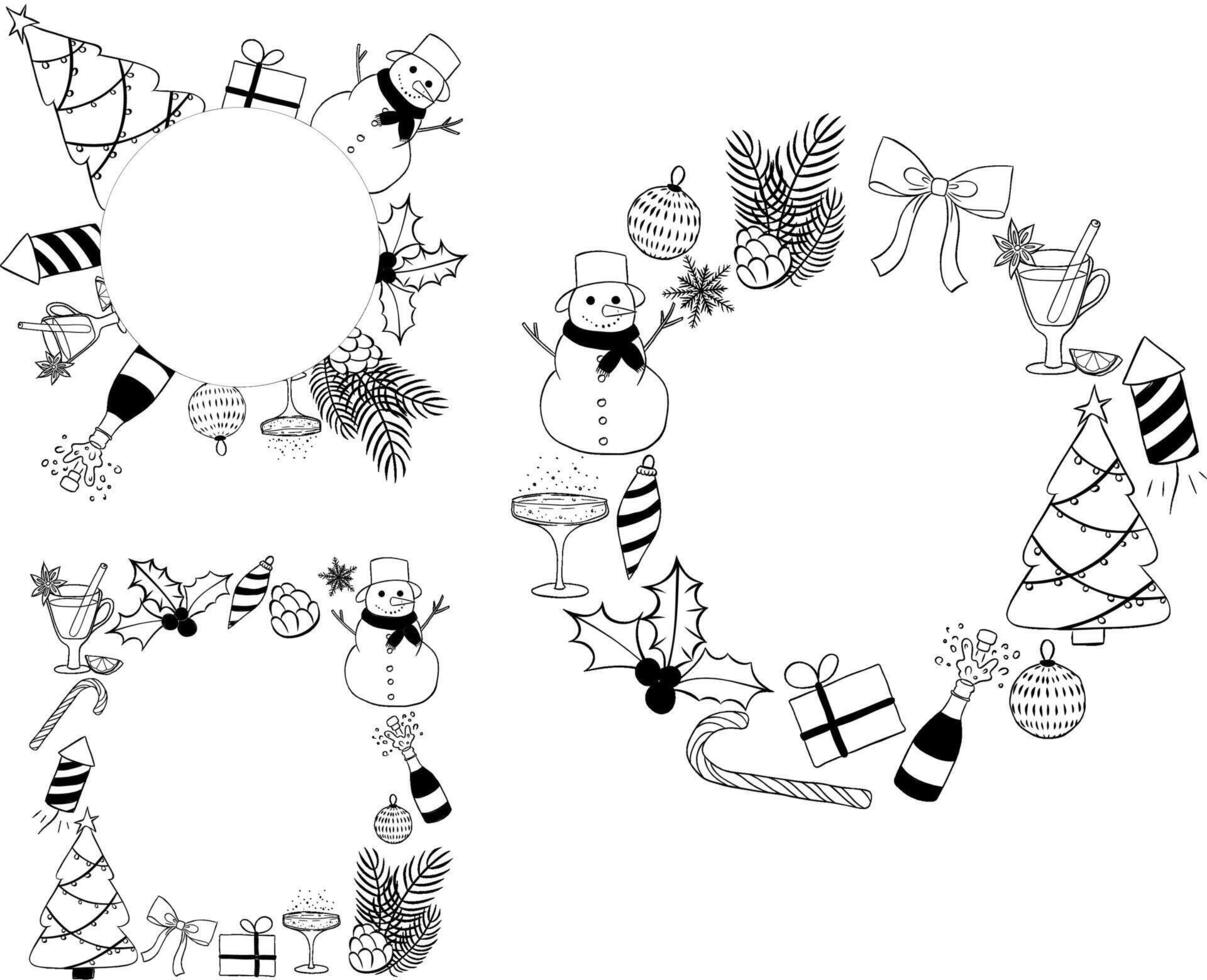 Merry Christmas and Happy New Year Circle round frame set template. Black and white graphic line ink illustration. Christmas Tree, branches, balls, snowflake. vector