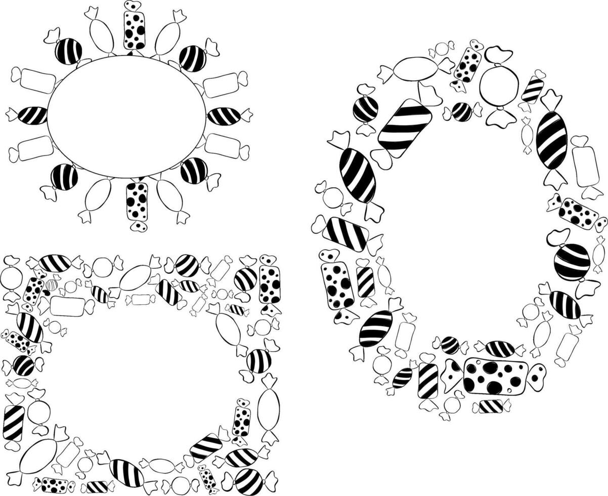 Candy oval frame set template. graphic line ink illustration. Christmas Black and white border with stripes set. Perfect for cards, decorations, stickers, logo, menu, various designs. vector