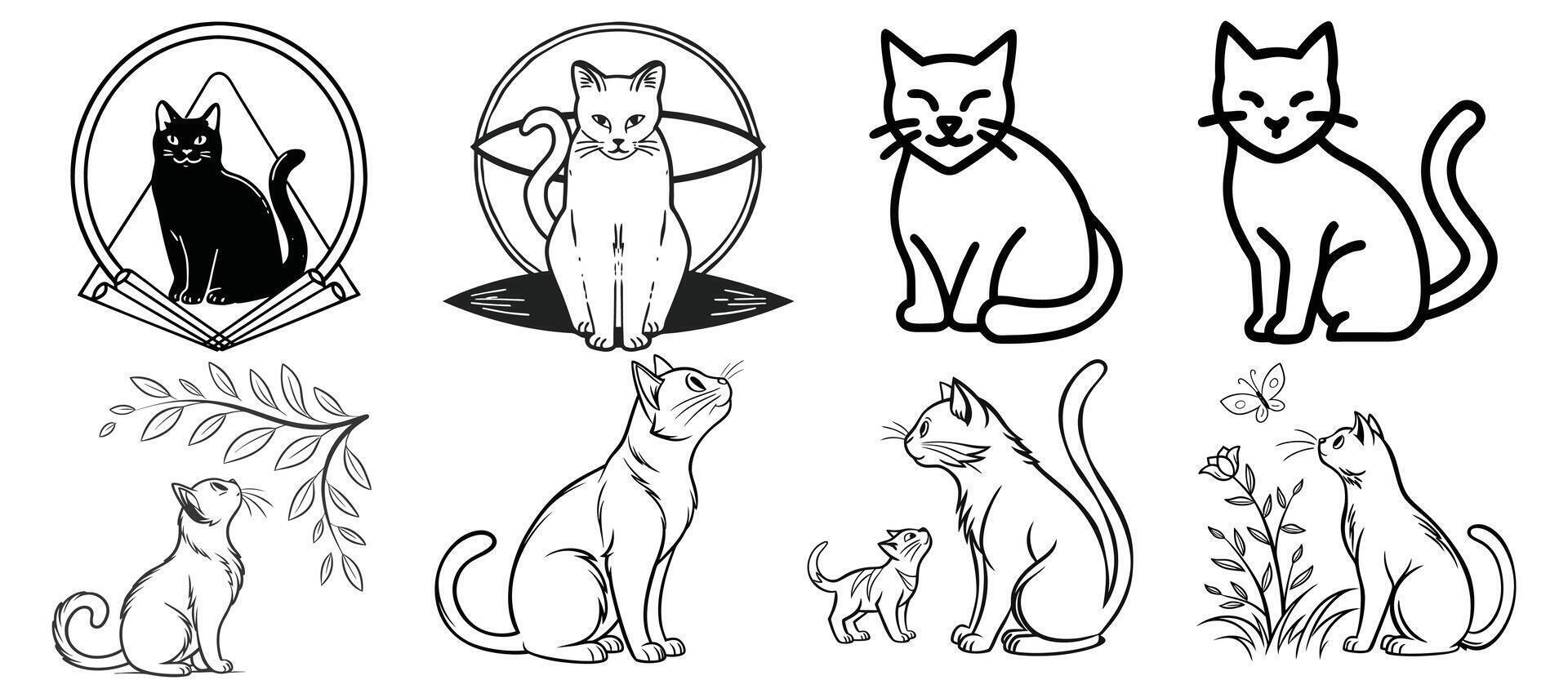 black and white cats set silhouette line art design vector