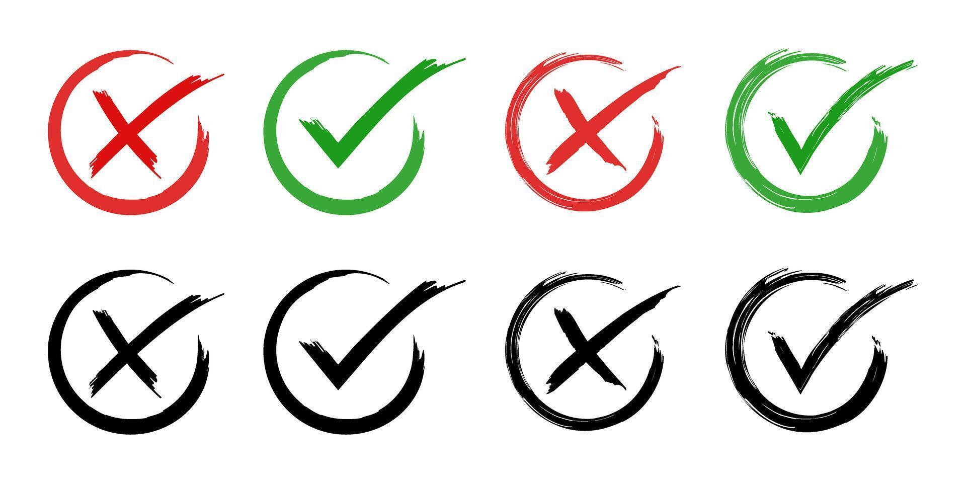 check mark, cross, x mark icon set in green, red, and black colors, Hand drawn right and wrong sign in circle brush stroke outline shape. tick mark symbol and x cross sign in brush style vector