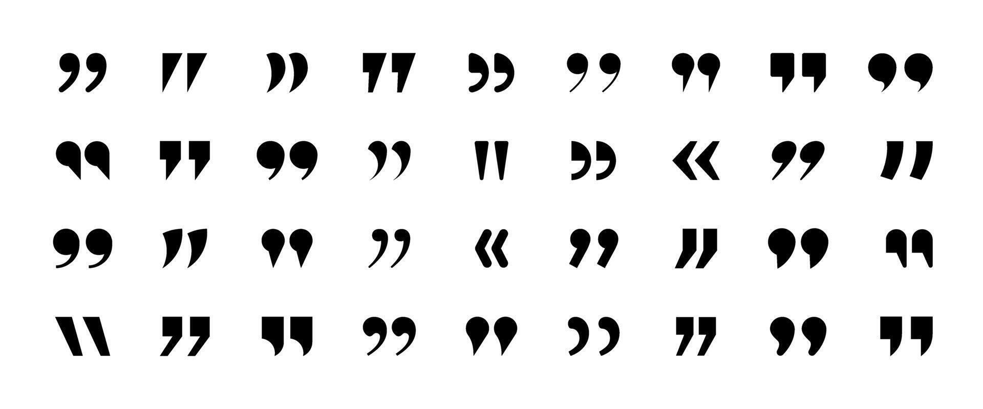 Set of quote mark, quotes icon pack. Collection of black quotation marks. Quote mark sign, inverted commas, talking marks, talk speech bubble icon design pack. Illustration. vector