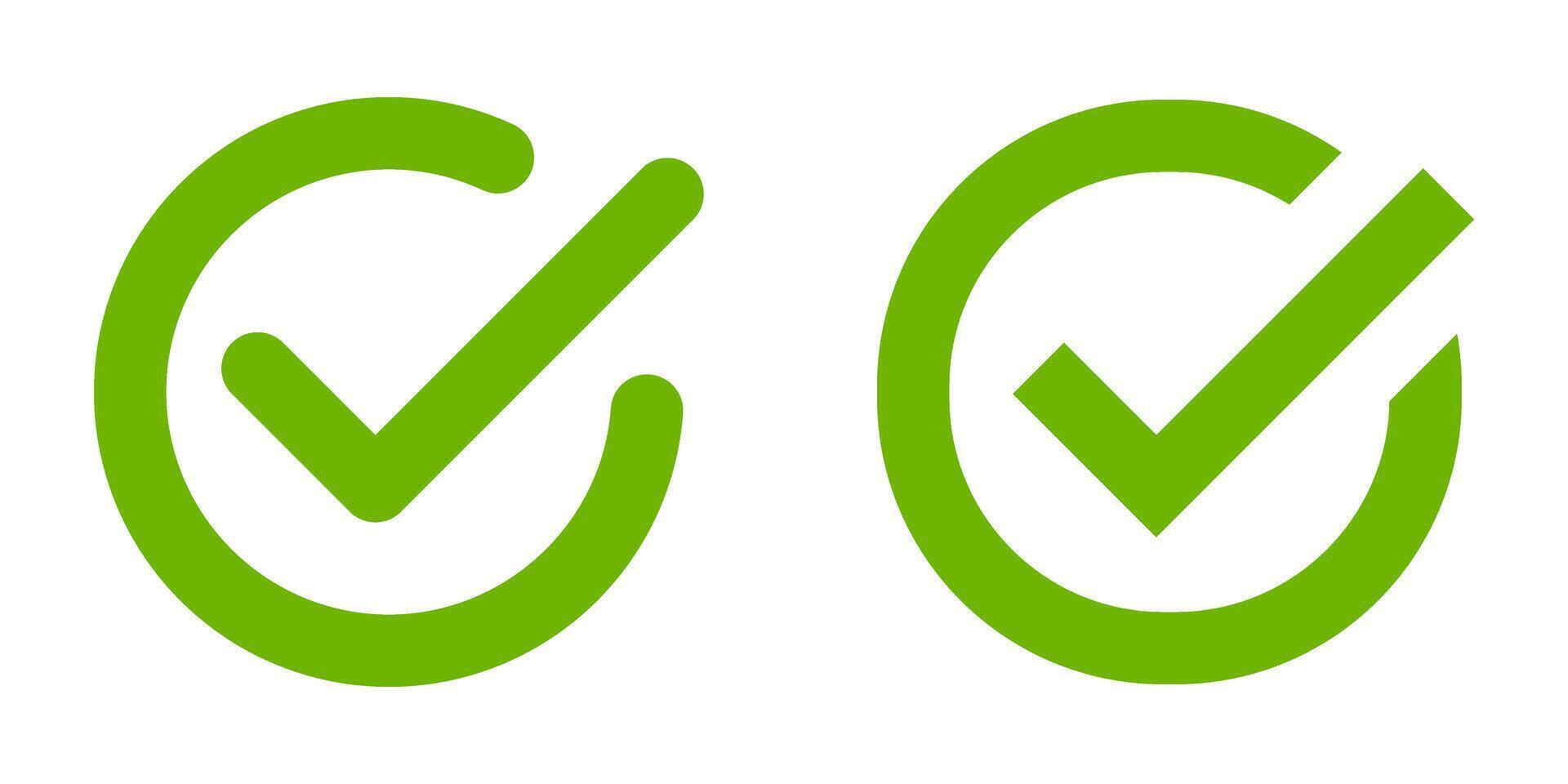 Green check mark icon set, rounded and flat approved symbol, tick sign in circle shape, Correct vote choice isolated symbol, flat checkmark sign illustration isolated on white background vector