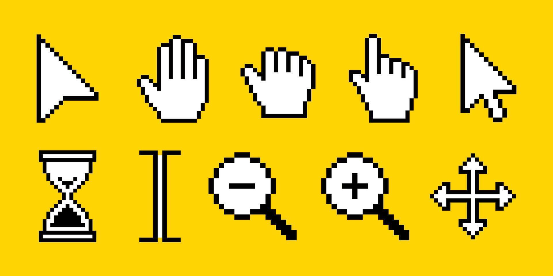 Pixel click cursor icon set, click pointer arrow, computer mouse cursor collection, pixel art cursor, hand, magnifier, hourglass, text, push. Pixelated click icon in 8-bit style, illustration. vector