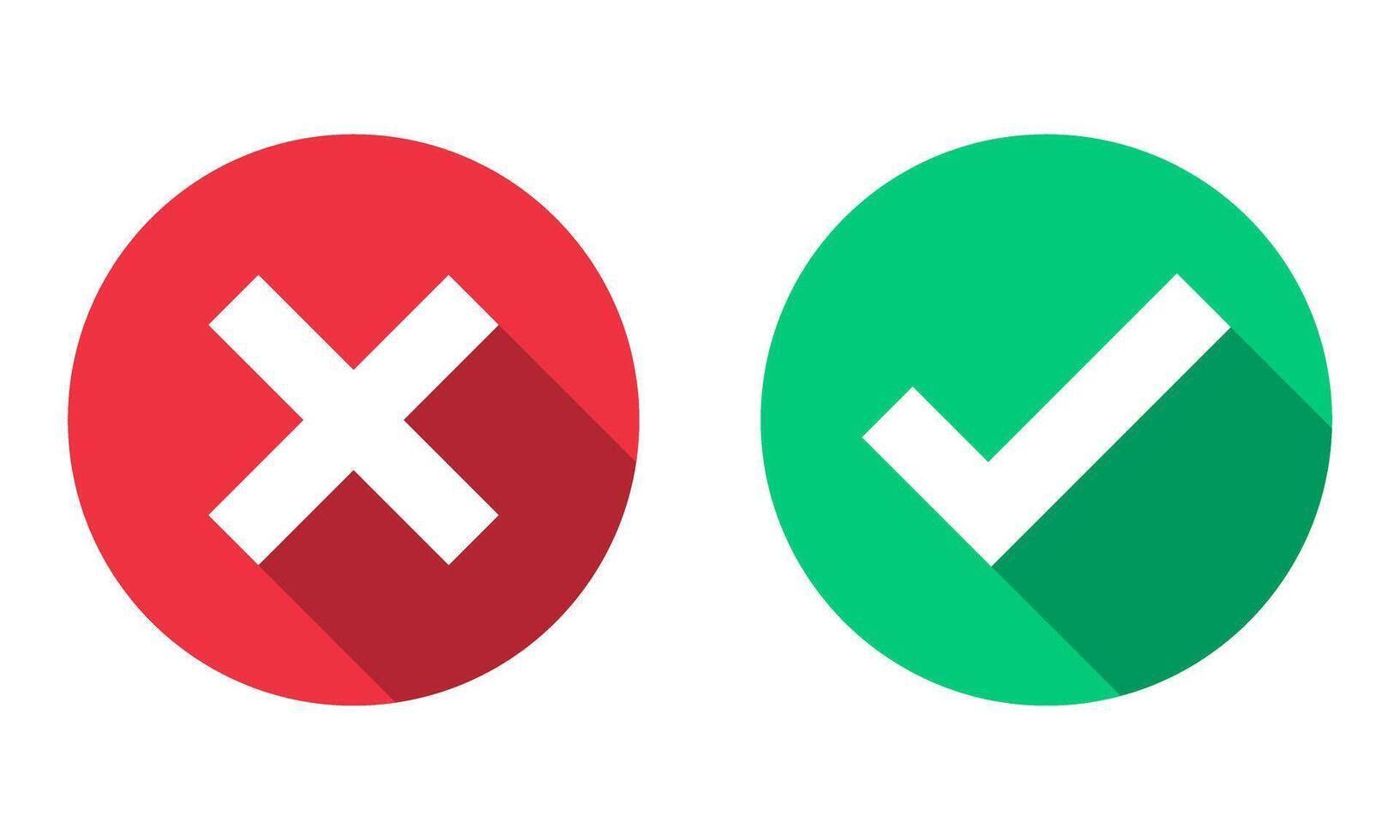 Green check mark, red cross sign with long shadow, checkbox list icon, checklist signs in round shapes. Green tick and red x, cross checkmark buttons isolated on white background vector