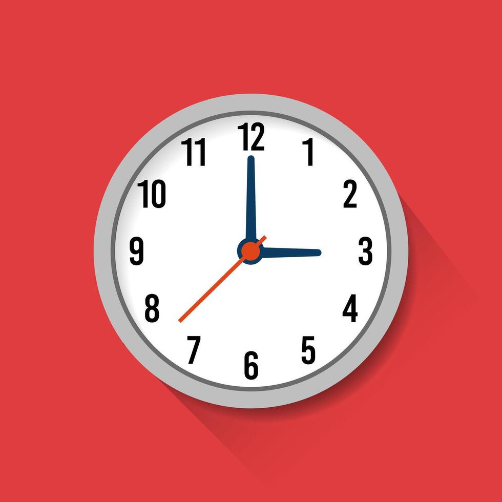 Clock wall face icon with long shadow illustration. Clock icon design in flat style, watch sign, timer isolated symbol, office watch clip art, business icon concept. vector