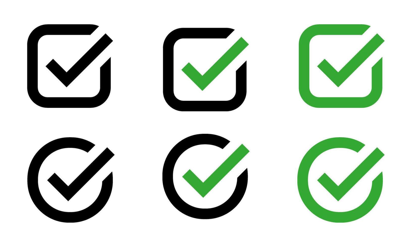 Green check mark icon, checkbox or approved symbol in circle and square shapes, tick sign with black and green color combination, flat checkmark sign set, Correct vote choice isolated symbol vector