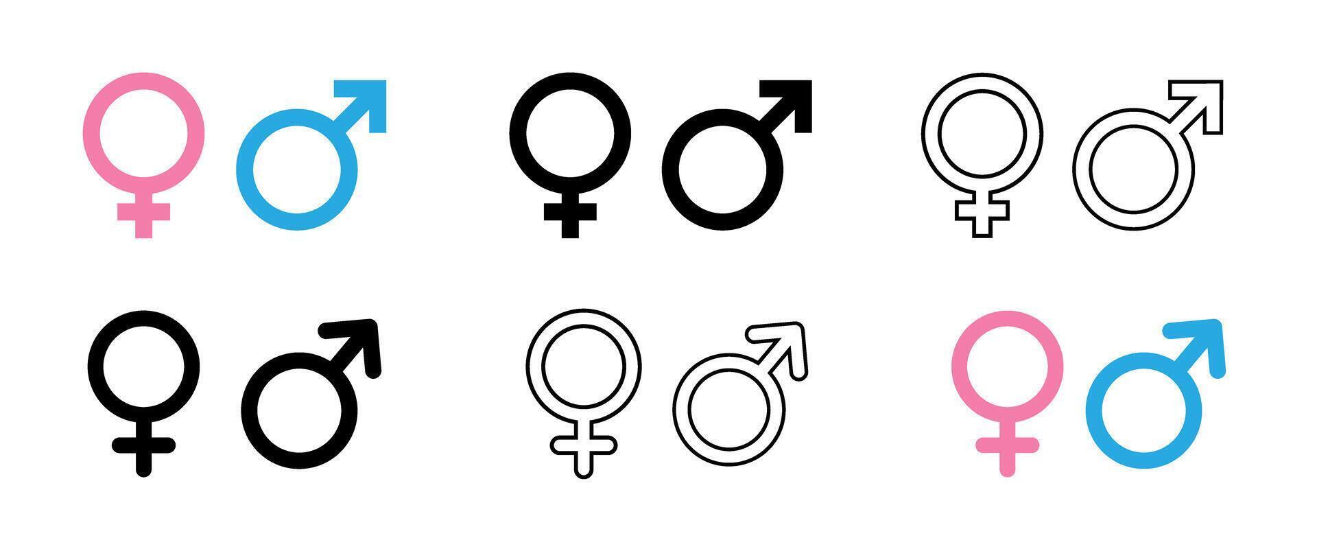 Gender icon sign, male and female symbols design. Man and woman round and flat signs blue, pink, black, outline set, Feminine and masculine symbol isolated on white background, Illustration. vector