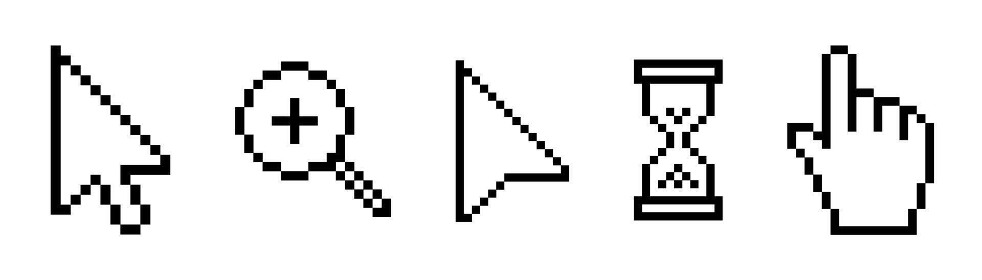 Pixel mouse cursor icon set clipart arrow pointer computer hand click hourglass, magnifier 8-bit game symbols, pixelated classic retro pointing sign isolated on white background, illustration. vector