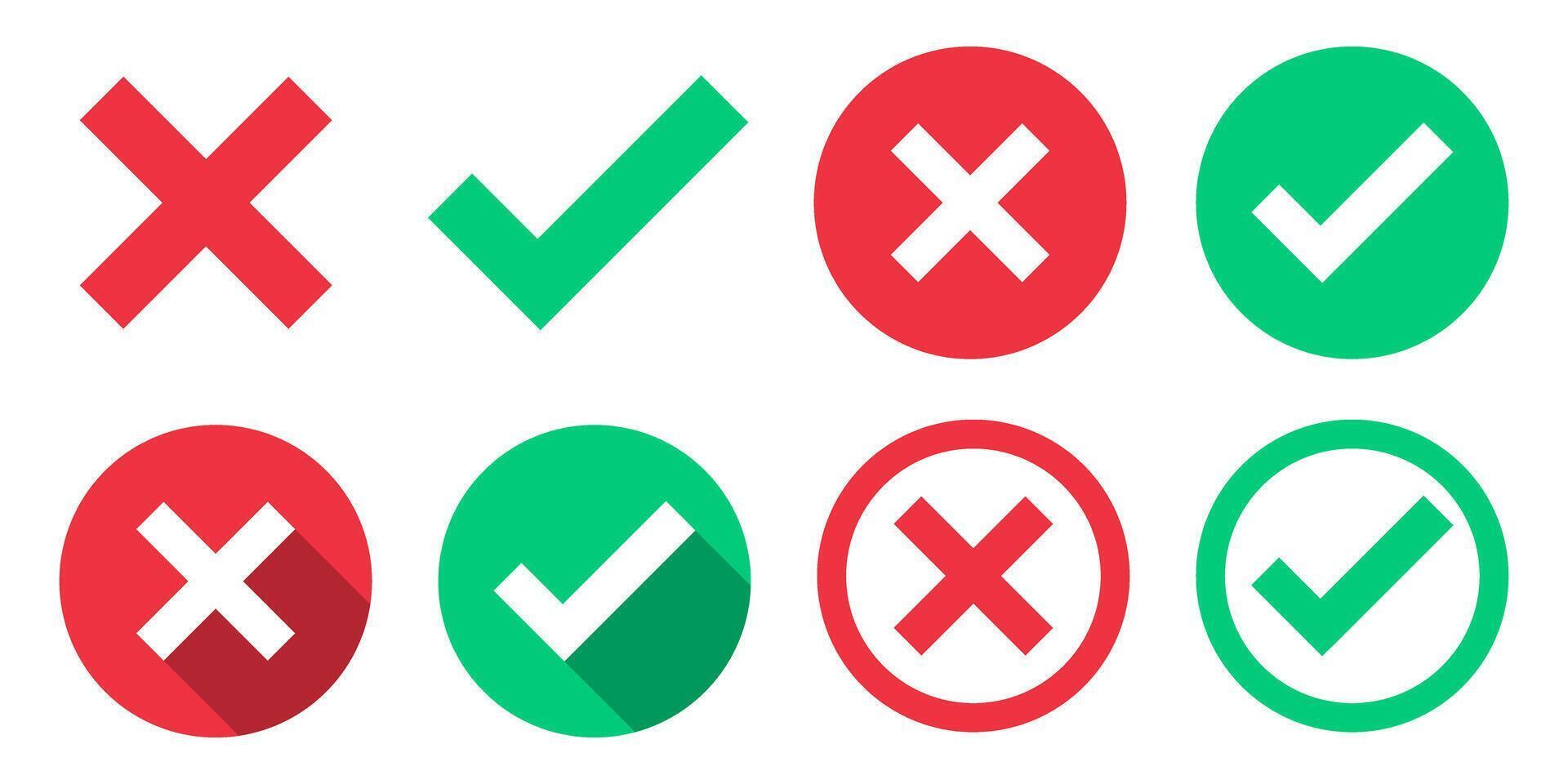 Set of Green check marks, red cross signs with long shadow, checkbox list icon. Checklist signs in round shapes. Green tick and red x check mark button collection isolated on white background vector