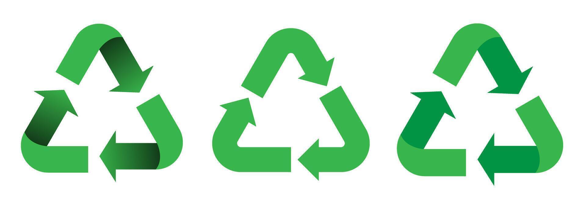 Recycle icon set. Green recycling arrow symbols in different styles. Reusing label sign. Recycle badge illustration. Flat recycle icon, reuse and reduce icons isolated on white background. vector
