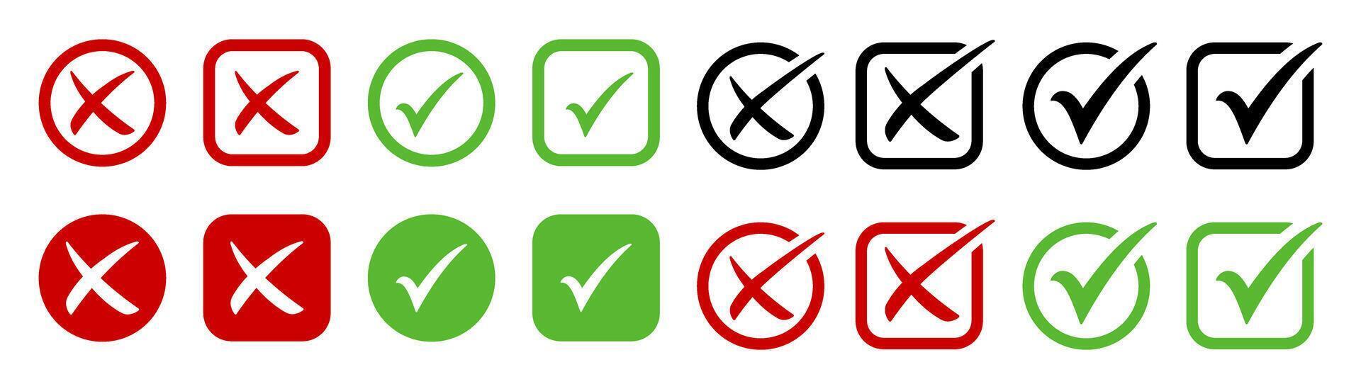 check mark, cross, x mark icon set in different styles. Set of green, red, and black Hand drawn right and wrong signs, circle, and square shape brush stroke checkmarks. checklist mark symbols vector