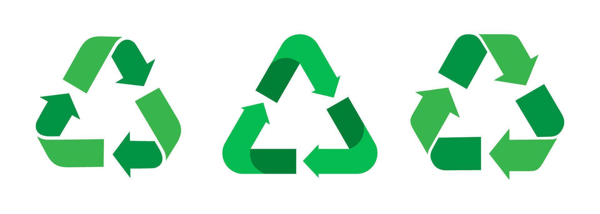 Recycle icon set, Recycling arrow symbols in different styles. Green Reusing label sign. Recycle badge illustration. Flat recycle icon, reuse and reduce icons isolated on white background. vector