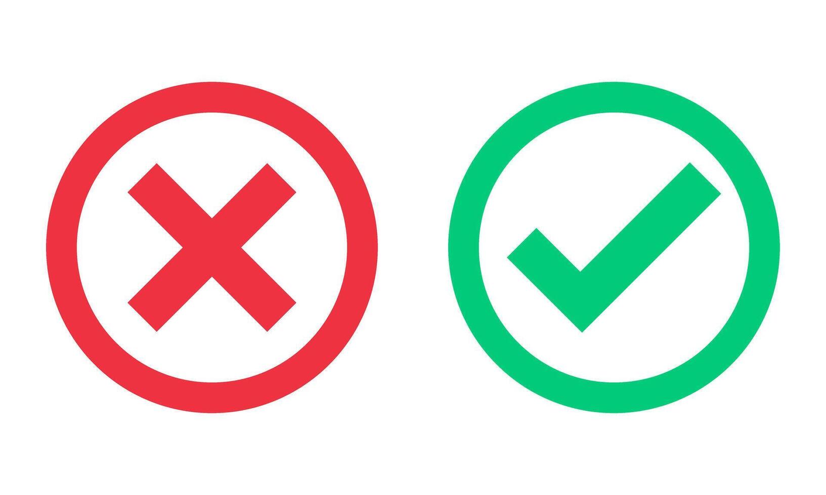 Green check mark, red cross, x mark icon set, flat rounded right and wrong sign concept in circle outline shape. Correct vote choice and rejection isolated sign set. Check mark symbol vector