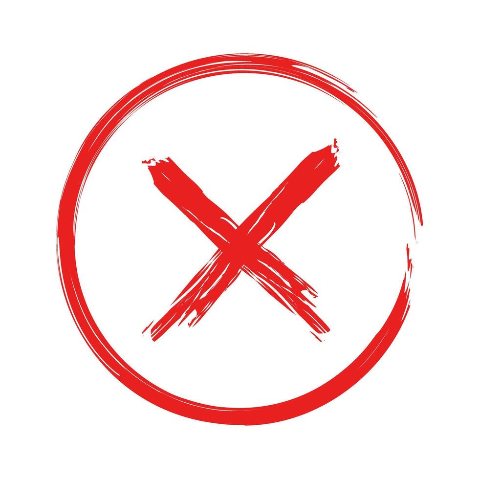 Red cross mark, Brush Stroke circle outline shape hand drawn style x, cross sign in red color, simple x symbol in brush stroke style vector