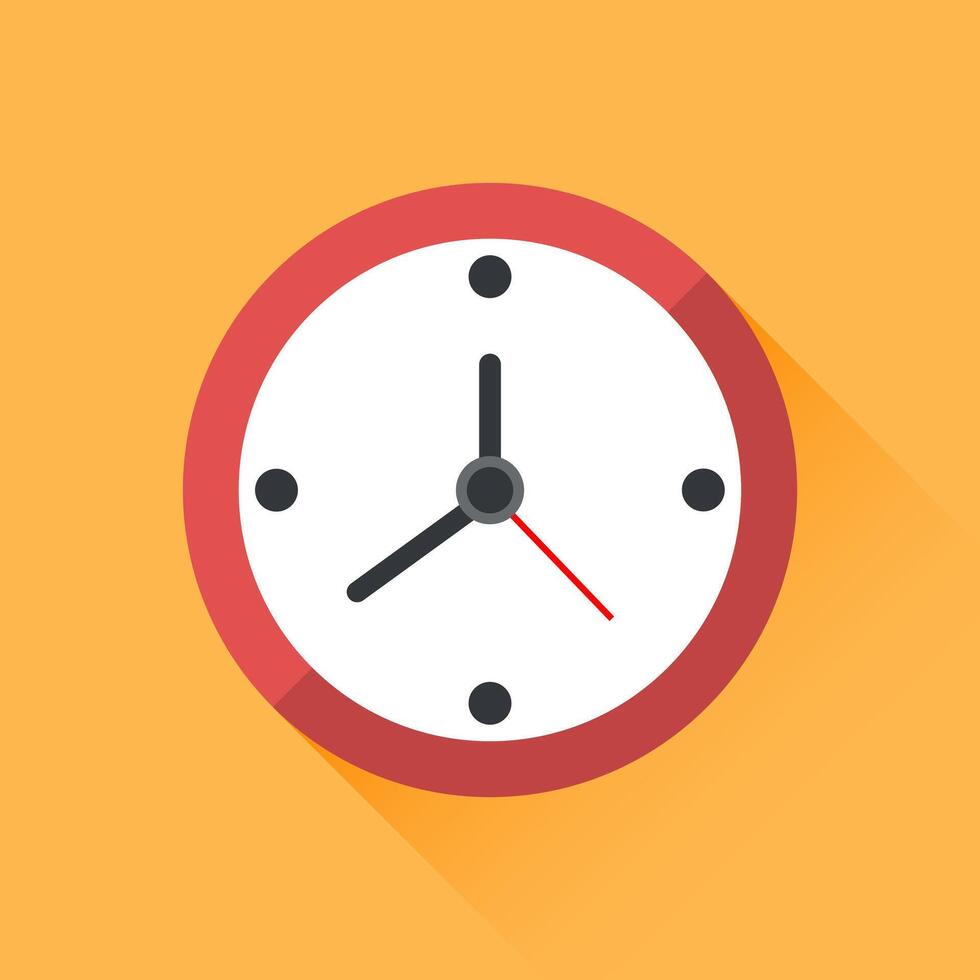 Clock wall face icon with long shadow. Clock icon design in flat style, watch sign, timer isolated symbol, office watch clip art, business icon concept, illustration. vector