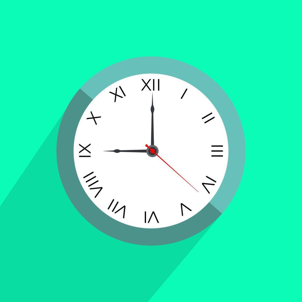 Wall clock icon, clock face design in flat style with shadow, watch sign, timer isolated symbol, office watch clip art, business icon concept for web, app, and creative projects, illustration. vector