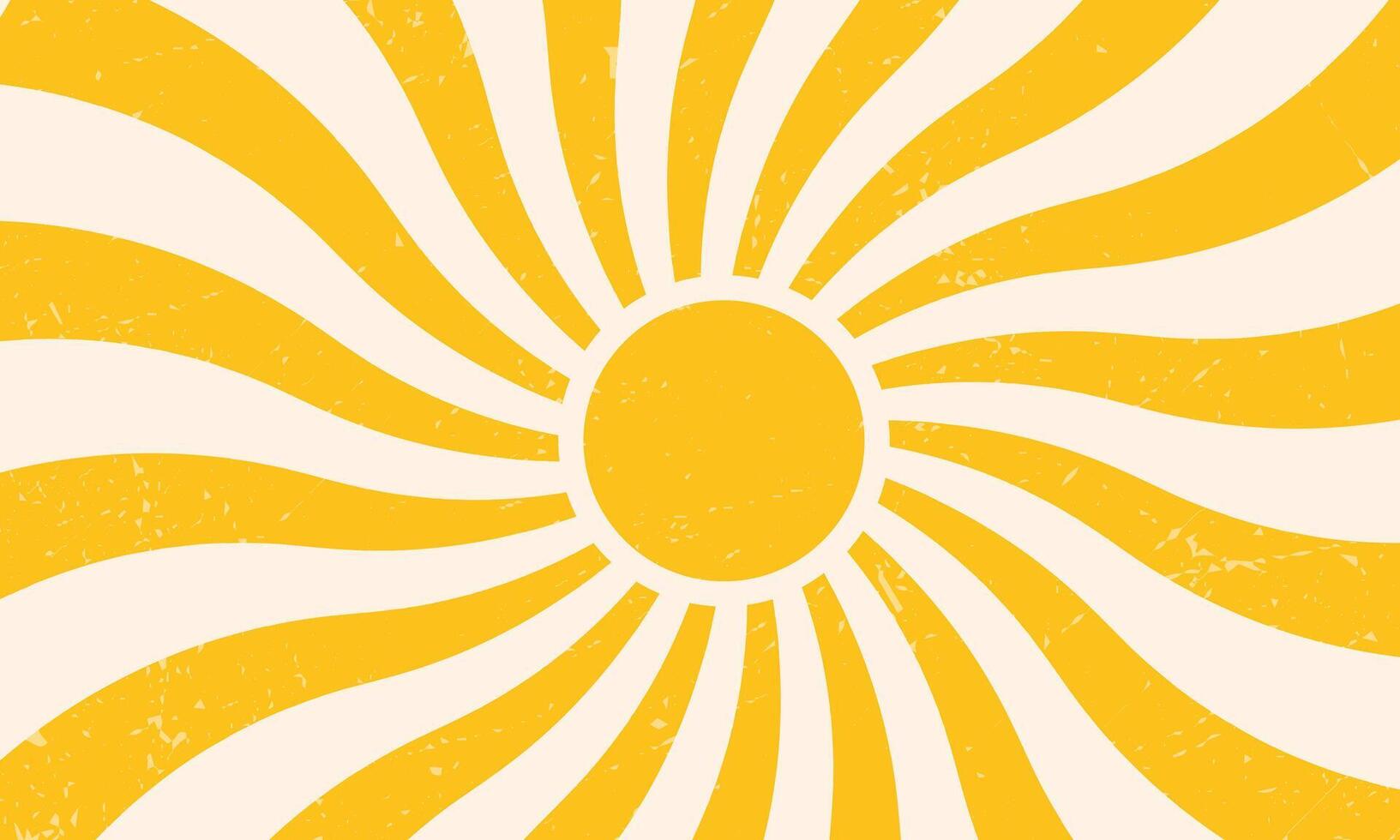 Retro sun rays sunburst abstract yellow background vintage wavy swirl sunrise grunge rough texture pattern radial spiral stripes groovy sunshine beam distressed circus carnival illustration. vector