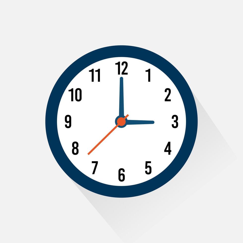 Clock icon, wall clock face design in flat style with shadow, watch sign, timer isolated symbol, office watch clip art, business icon concept for web, app, and creative projects, illustration. vector