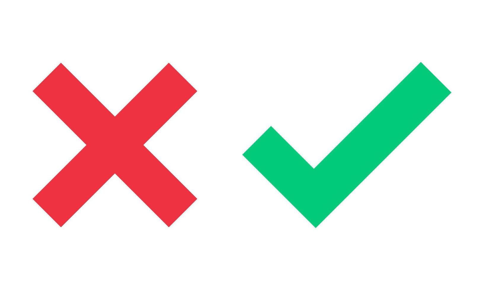 Green check mark, red cross, x mark icon set, flat right and wrong sign concept. Correct vote choice and rejection isolated sign. Check mark illustration, tick mark symbol vector