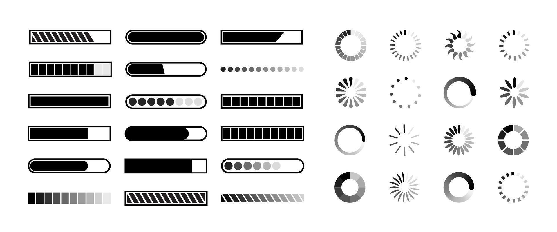 Loading icon, progress bar buffer loader, preloader set. Circle load symbols, horizontal speed indicator buttons collection, circle loader status bar signs isolated on a transparent background. vector