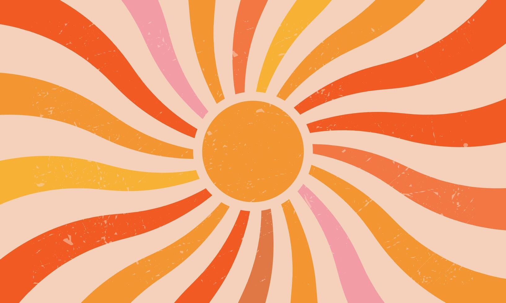 Retro wavy radial swirl rays abstract sun background, vintage sunshine texture 70s abstract pattern summer poster concentric stripes of beams, creamy pink orange hippy groovy burst wallpaper. vector