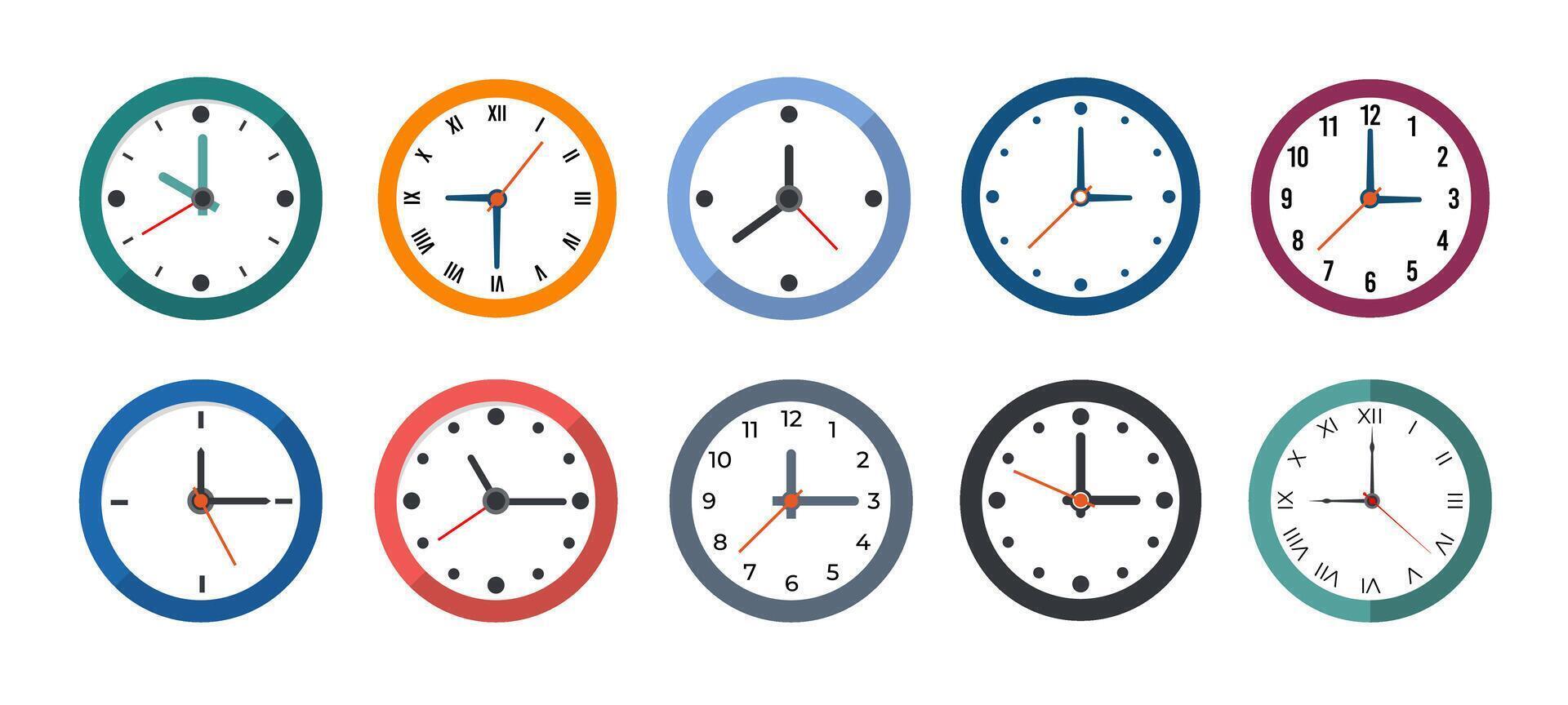 Wall clock icon set, clock faces flat icon illustration. Timer clock, watch faces featuring modern and classic designs isolated on a transparent background, Colorful collection of wall clocks. vector