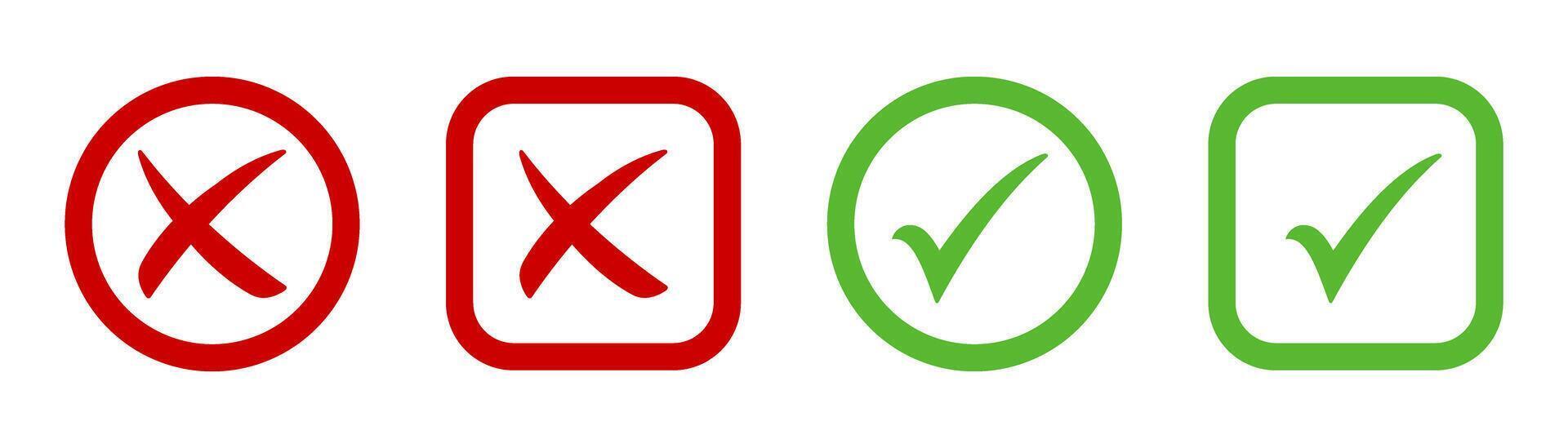 Green check mark, red cross, x mark icon set, hand drawn right and wrong sign concept in circle and square shapes. tick mark symbol and x cross outline icon. Check mark sign. vector